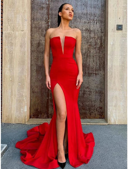 Mermaid / Trumpet Prom Dresses Open Back Dress Wedding Guest Prom Court Train Sleeveless Strapless Belt / Sash Satin with Slit