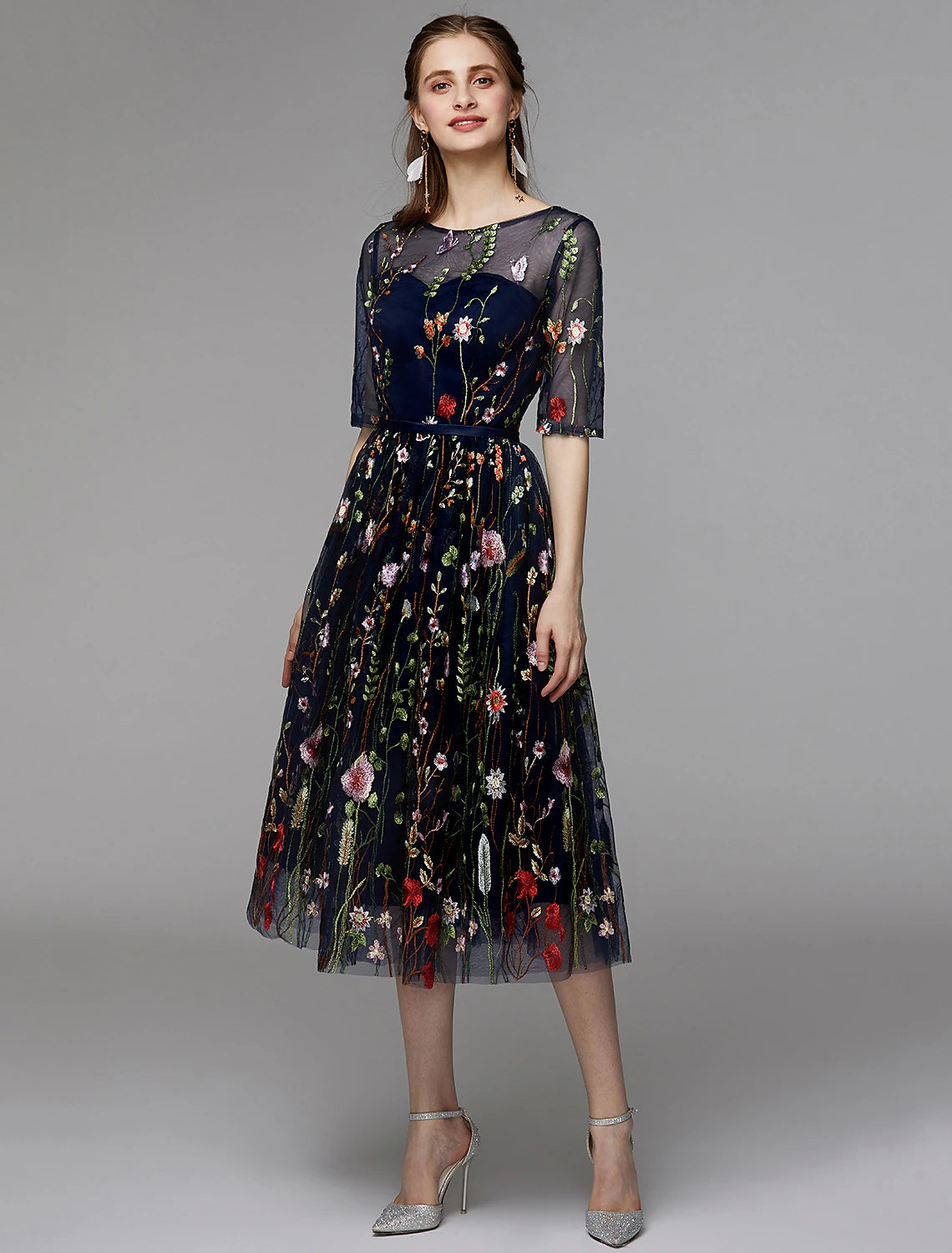 A-Line Party Dress Holiday Tea Length Half Sleeve Illusion Neck Organza with Embroidery Appliques