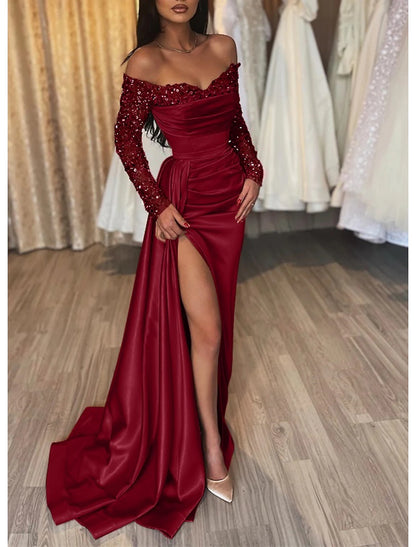 Mermaid Black Dress Evening Gown Sparkle & Shine Dress Formal Wedding Party Court Train Long Sleeve Off Shoulder Fall Wedding Reception Satin with Ruched Sequin Slit