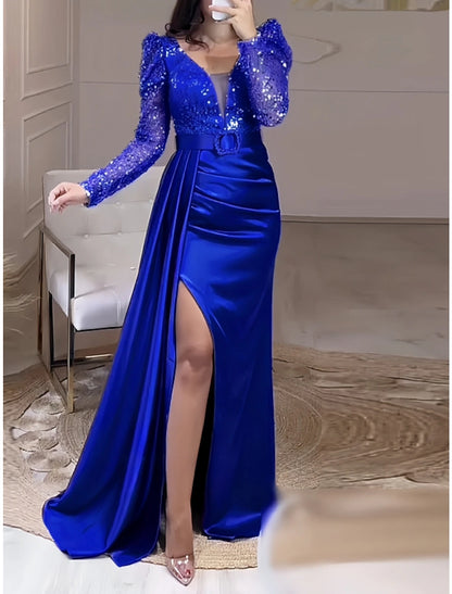 A-Line Evening Gown Elegant Dress Formal Sweep / Brush Train Long Sleeve V Neck Satin with Glitter Pleats Ruched