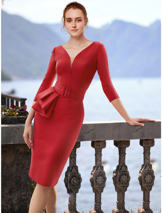 Sheath / Column Cocktail Dresses Elegant Dress Cocktail Party Knee Length Christmas Red Green Dress 3/4 Length Sleeve V Neck Polyester with Ruffles Slit