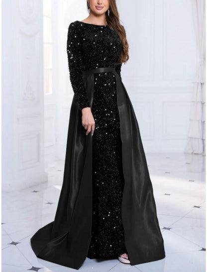 A-Line Evening Gown Elegant Dress Formal Fall Sweep / Brush Train Long Sleeve Jewel Neck Sequined with Glitter Pleats