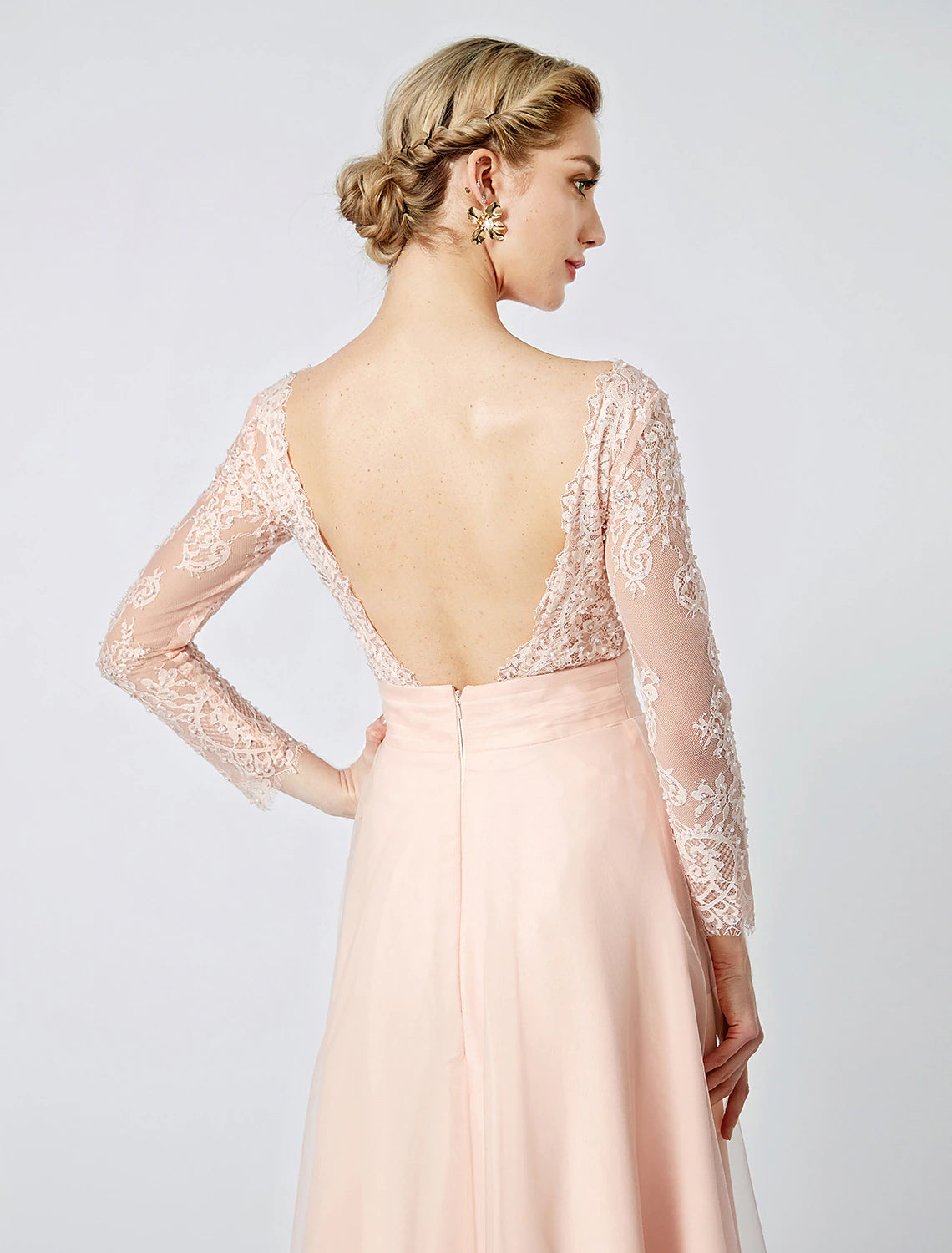 Ball Gown Pastel Colors Dress Holiday Cocktail Party Floor Length Long Sleeve V Neck Tulle Low Back with Beading Appliques