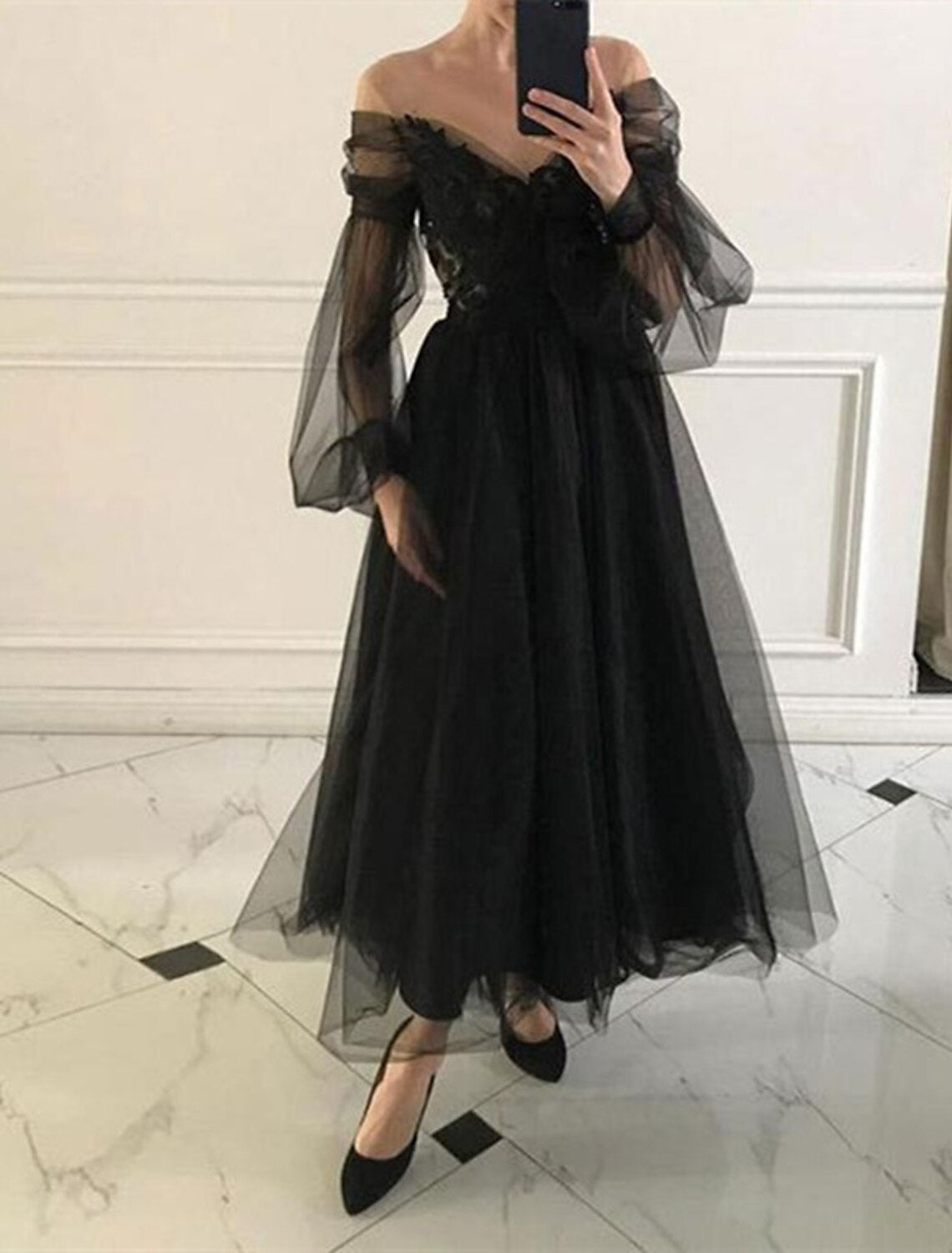 A-Line Cocktail Black Dress Vintage Dress Prom Wedding Party Ankle Length Long Sleeve V Neck Tulle with Beading Appliques