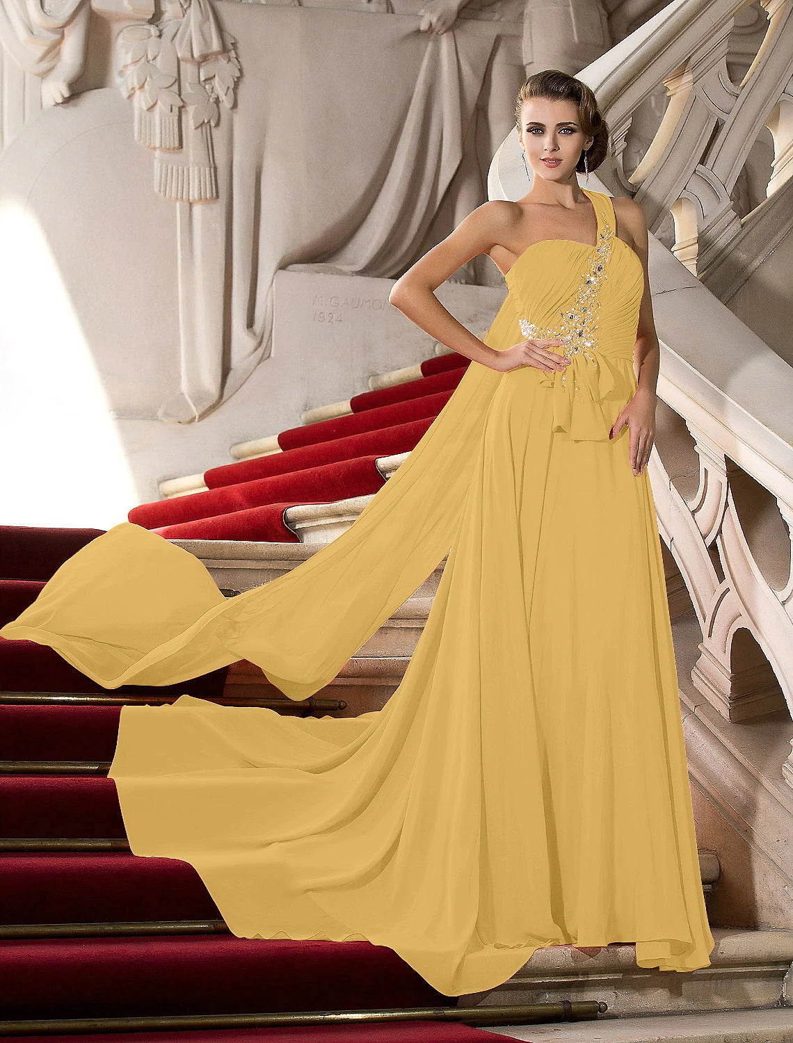 A-Line Elegant Dress Wedding Guest Engagement Court Train Sleeveless One Shoulder Chiffon with Crystals Draping