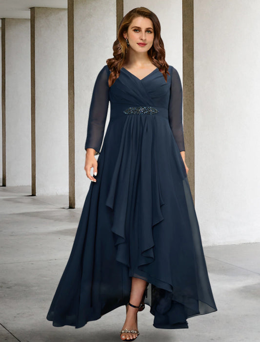 A-Line Plus Size Curve Mother of the Bride Dresses Elegant Dress Formal Asymmetrical Long Sleeve V Neck Chiffon with Pleats Crystals