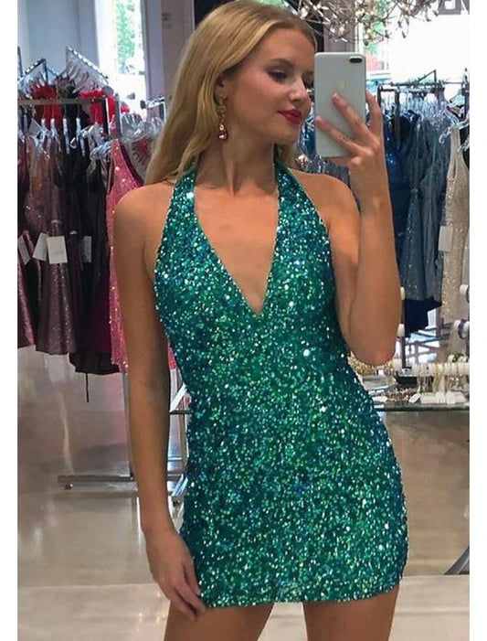 Mermaid / Trumpet Prom Dresses Sparkle & Shine Dress Cocktail Party Prom Short / Mini Sleeveless V Neck Sequined Backless with Sequin