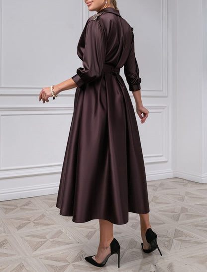 A-Line Cocktail Dresses Vintage Black Dress Plus Size Wedding Guest Evening Party Tea Length 3/4 Length Sleeve Shirt Collar Satin with Pleats