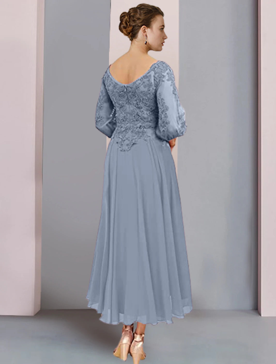 Two Piece A-Line Mother of the Bride Dress Formal Wedding Guest Elegant V Neck Tea Length Chiffon Lace 3/4 Length Sleeve Wrap Included with Pleats Appliques