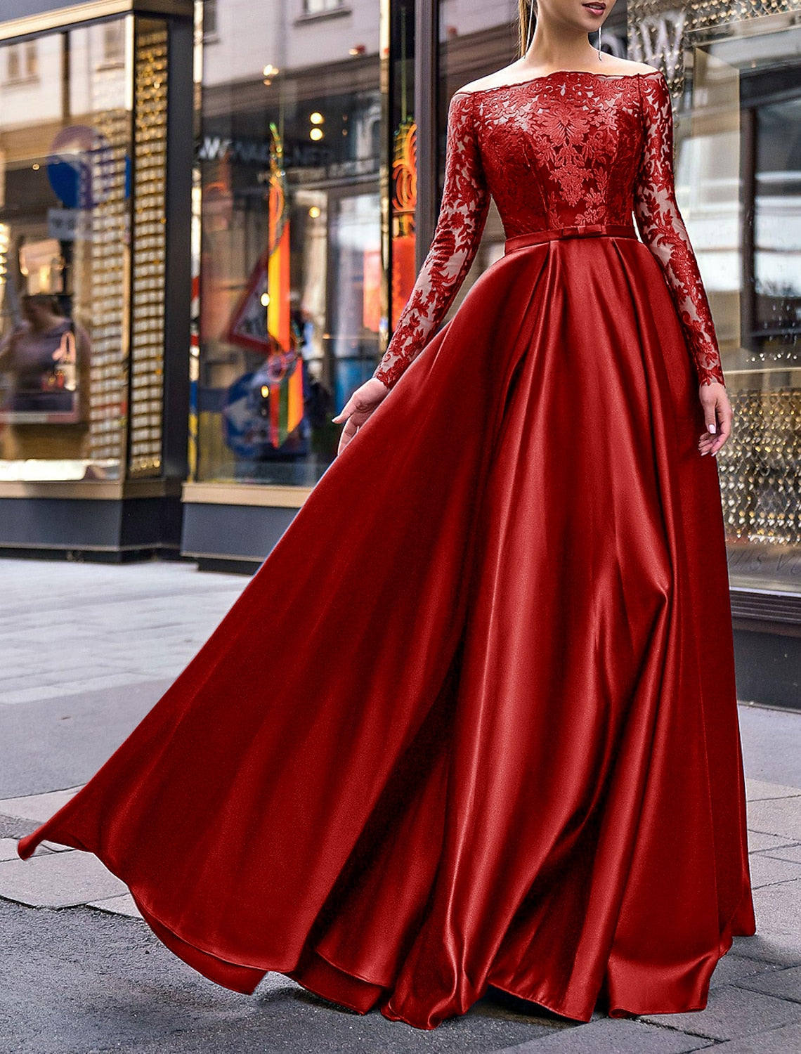 A-Line Evening Gown Party Dress Elegant Dress Wedding Guest Fall Floor Length Long Sleeve Off Shoulder Belt / Sash Satin with Appliques