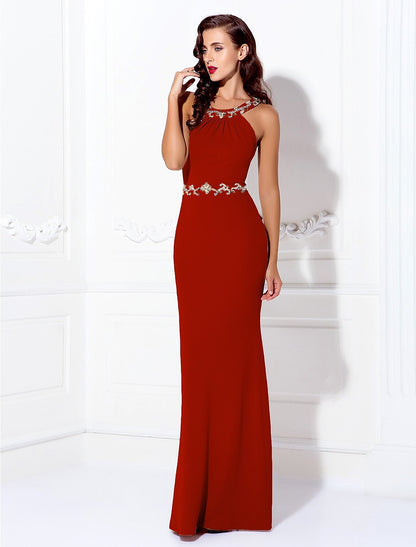 Sheath / Column Beautiful Back Dress Wedding Guest Floor Length Sleeveless Halter Spandex Crisscross Back with Beading