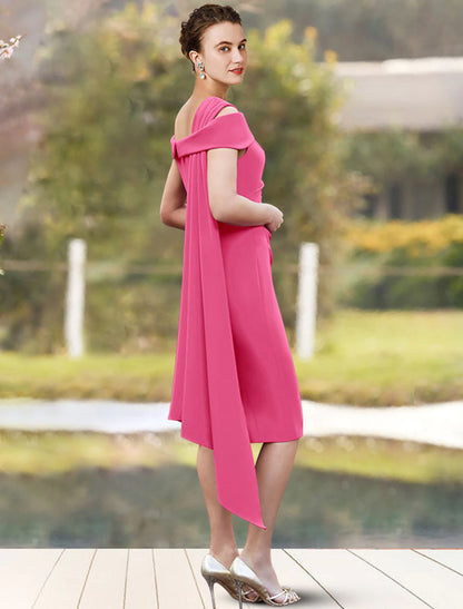 Sheath / Column Mother of the Bride Dress Elegant Jewel Neck Knee Length Stretch Chiffon 3/4 Length Sleeve with Side-Draped