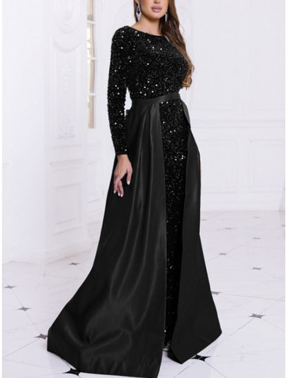 A-Line Evening Gown Elegant Dress Formal Fall Sweep / Brush Train Long Sleeve Jewel Neck Sequined with Glitter Pleats