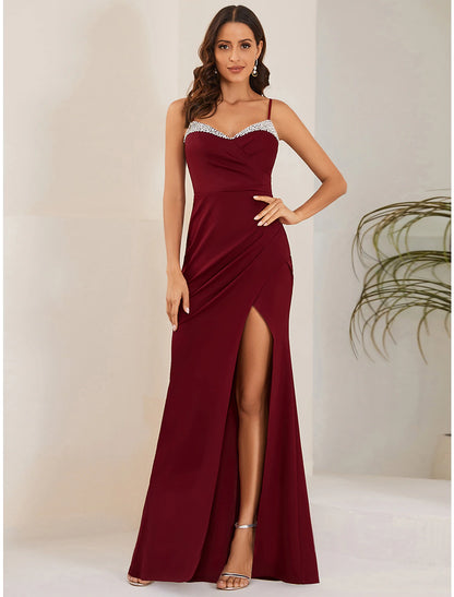 Mermaid / Trumpet Wedding Guest Dresses Sexy Dress Formal Floor Length Sleeveless Spaghetti Strap Stretch Fabric with Slit