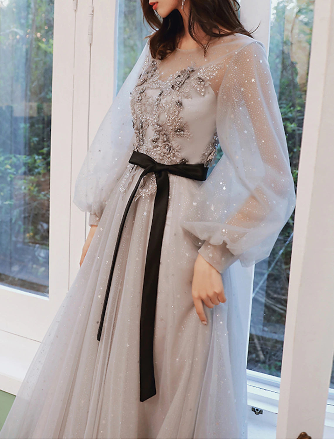 A-Line Prom Dresses Floral Dress Wedding Guest Engagement Sweep / Brush Train Long Sleeve Jewel Neck Tulle with Appliques