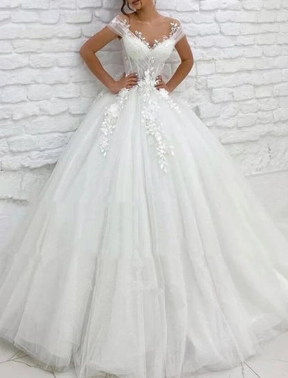 Formal Wedding Dresses Ball Gown V Neck Cap Sleeve Chapel Train Lace Bridal Gowns With Appliques