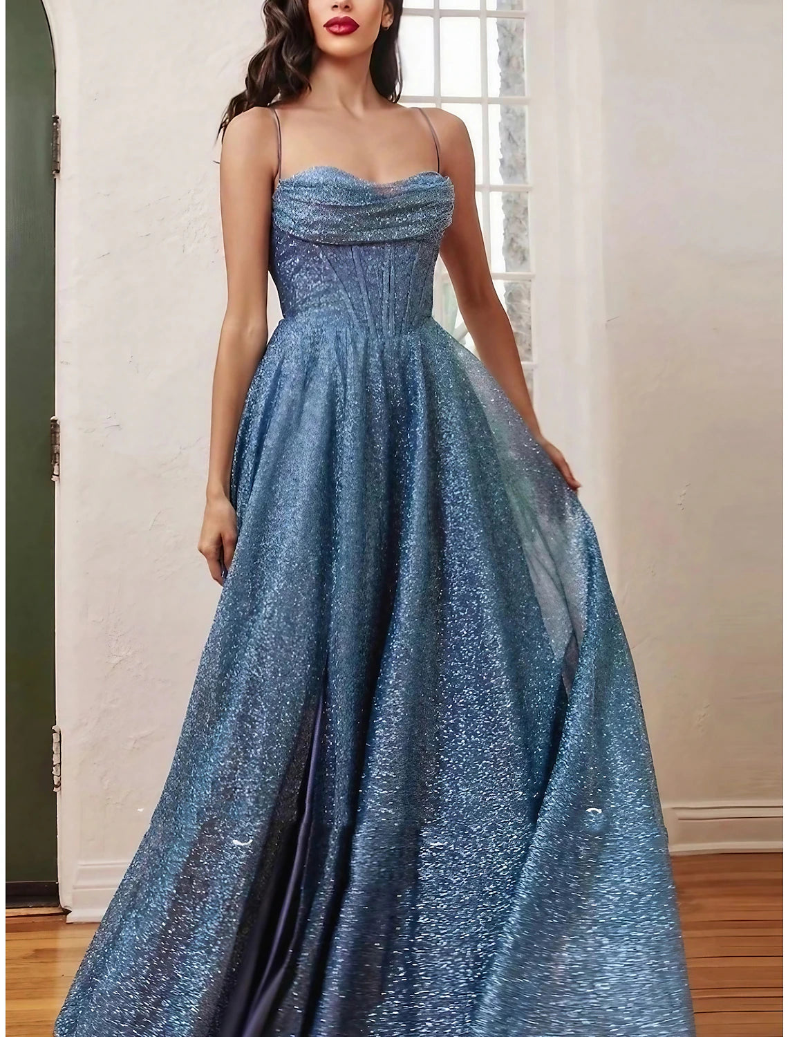 A-Line Evening Gown Elegant Dress Formal Court Train Sleeveless Spaghetti Strap Sequined with Glitter Pleats Ruched