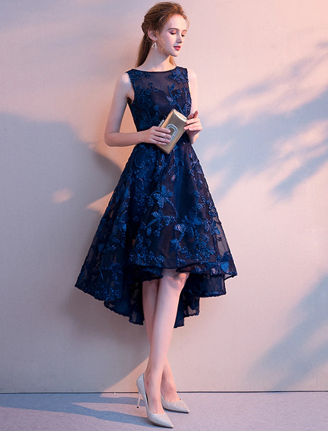 A-Line Cocktail Dresses Minimalist Dress Homecoming Asymmetrical Sleeveless Jewel Neck Tulle with Pleats Pattern / Print