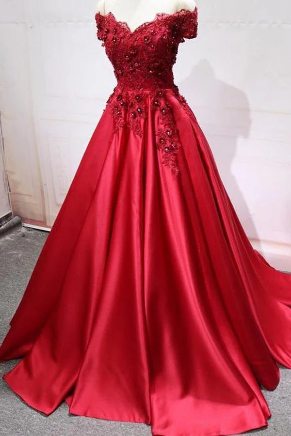 A-line Off Shoulder Lace Long Evening Prom Dresses