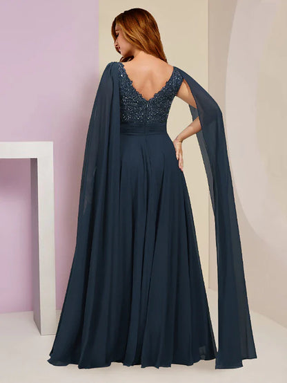 Plus Size Curve Mother of the Bride Dress Formal Party Elegant V Neck Floor Length Chiffon Lace Sleeveless with Pleats Sequin