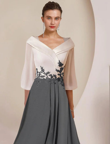 A-Line Mother of the Bride Dress Formal Wedding Guest Elegant High Low V Neck Asymmetrical Tea Length Chiffon Lace 3/4 Length Sleeve with Pleats Appliques Color Block