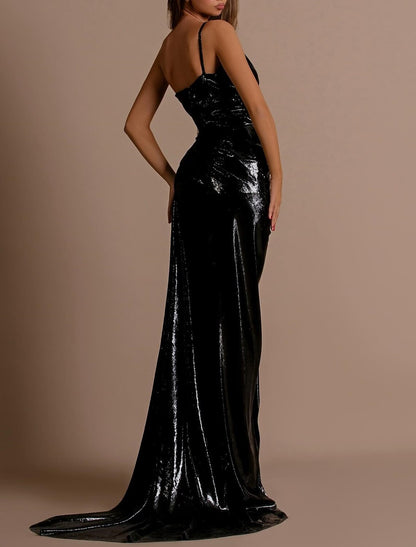 A-Line Evening Gown Elegant Dress Formal Floor Length Sleeveless One Shoulder Satin with Glitter Ruched Sequin