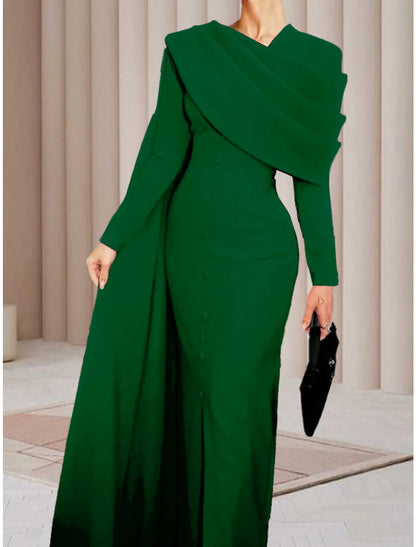 Sheath / Column Evening Gown Elegant Dress Formal Fall Sweep / Brush Train Long Sleeve Cowl Neck Stretch Fabric with Buttons Slit