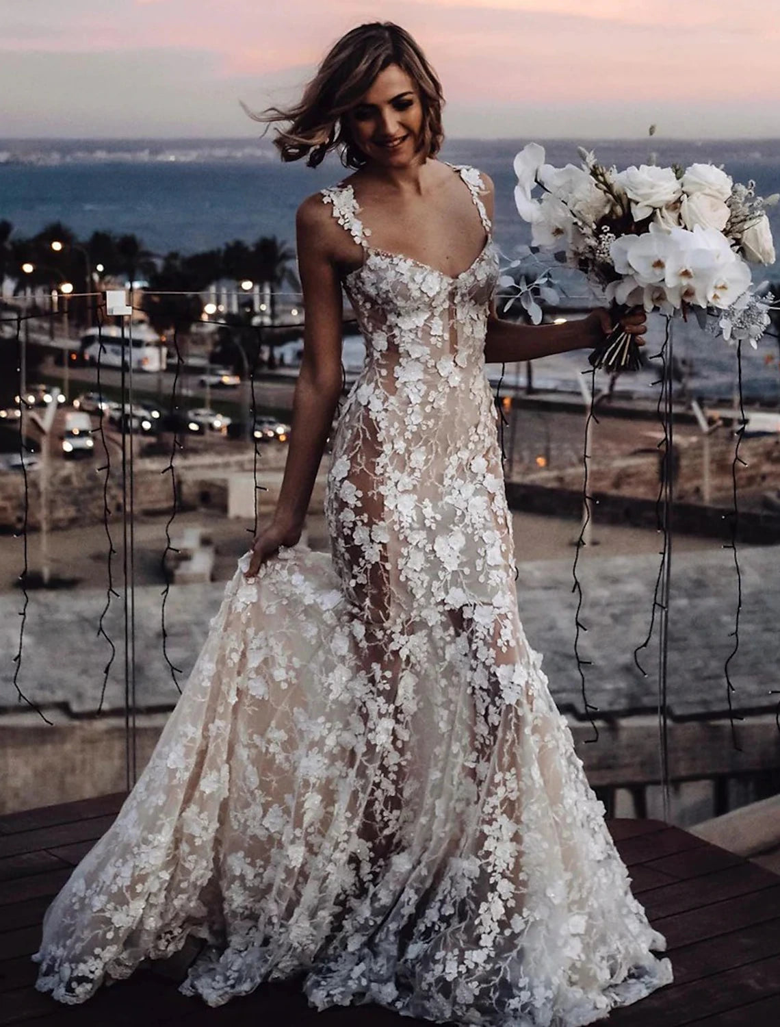 Beach Sexy Boho Wedding Dresses Mermaid / Trumpet Sweetheart Regular Straps Court Train Lace Bridal Gowns With Appliques Summer Fall Wedding Party