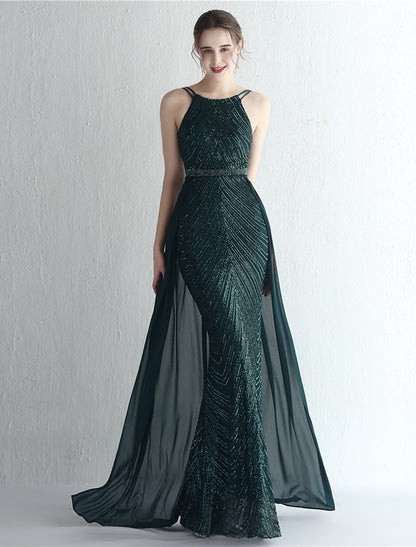 Mermaid / Trumpet Prom Dresses Elegant Dress Formal Floor Length Sleeveless Halter Chiffon with Beading Sequin