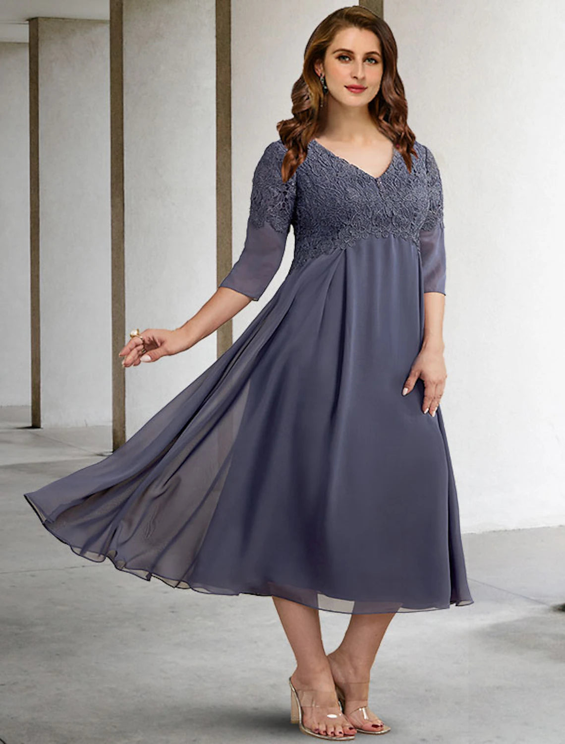 A-Line Plus Size Curve Mother of the Bride Dresses Elegant Dress Formal Tea Length Half Sleeve V Neck Chiffon with Buttons Appliques Fall