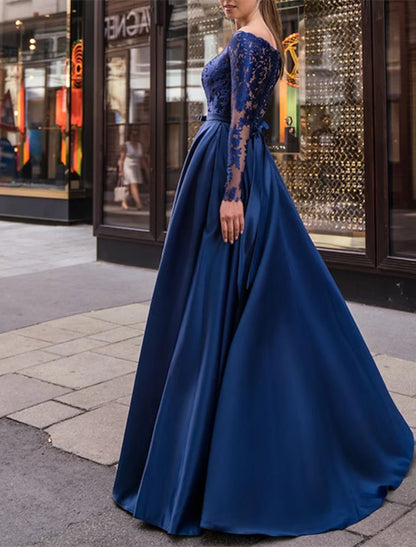 A-Line Evening Gown Party Dress Elegant Dress Wedding Guest Fall Floor Length Long Sleeve Off Shoulder Belt / Sash Satin with Appliques