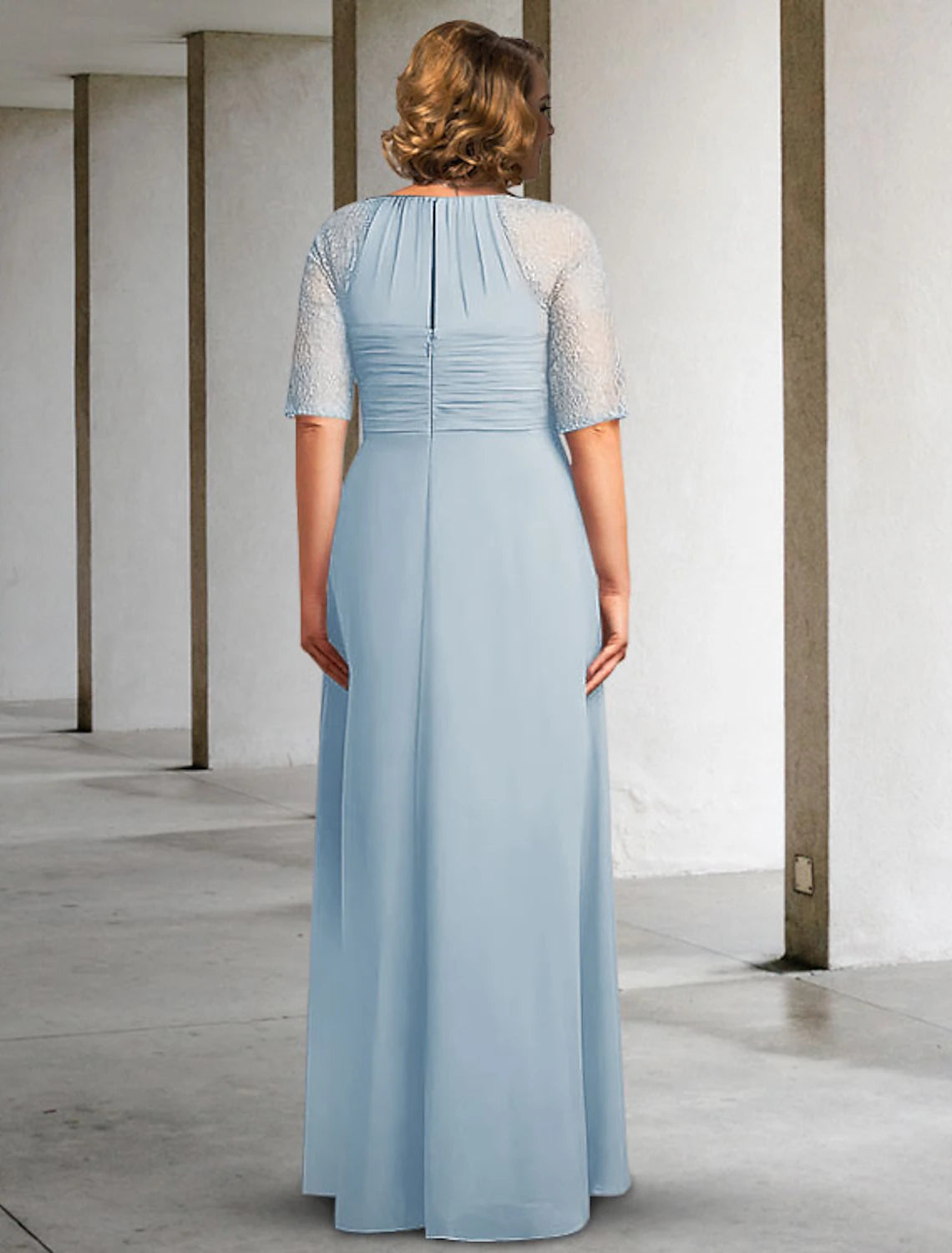 A-Line Mother of the Bride Dress Plus Size Elegant Jewel Neck Floor Length Chiffon Lace Half Sleeve with Pleats Ruched Appliques