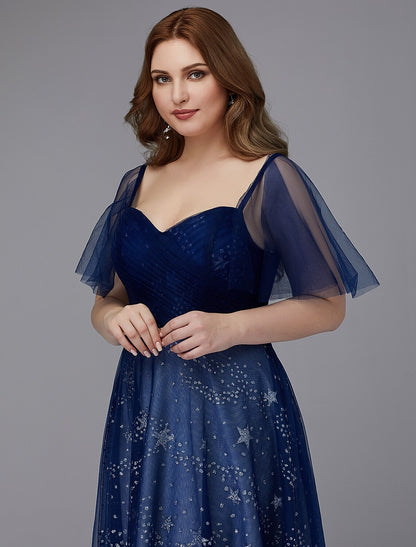 A-Line Plus Size Dress Wedding Guest Prom Floor Length Short Sleeve Sweetheart Tulle Lace-up with Beading Pattern / Print