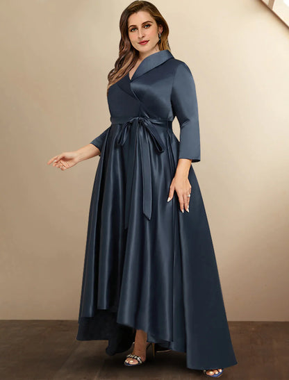 A-Line Mother of the Bride Dresses Plus Size Hide Belly Curve High Low Dress Formal Asymmetrical 3/4 Length Sleeve Shirt Collar Satin with Bow(s) Pleats