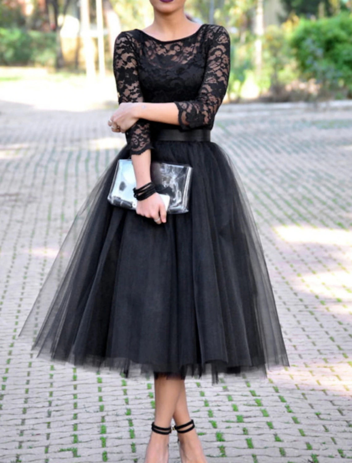 A-Line Cocktail Black Dress Plus Size Vintage Dress Halloween Ankle Length 3/4 Length Sleeve Jewel Neck Fall Wedding Guest Tulle with Pleats Lace Inser