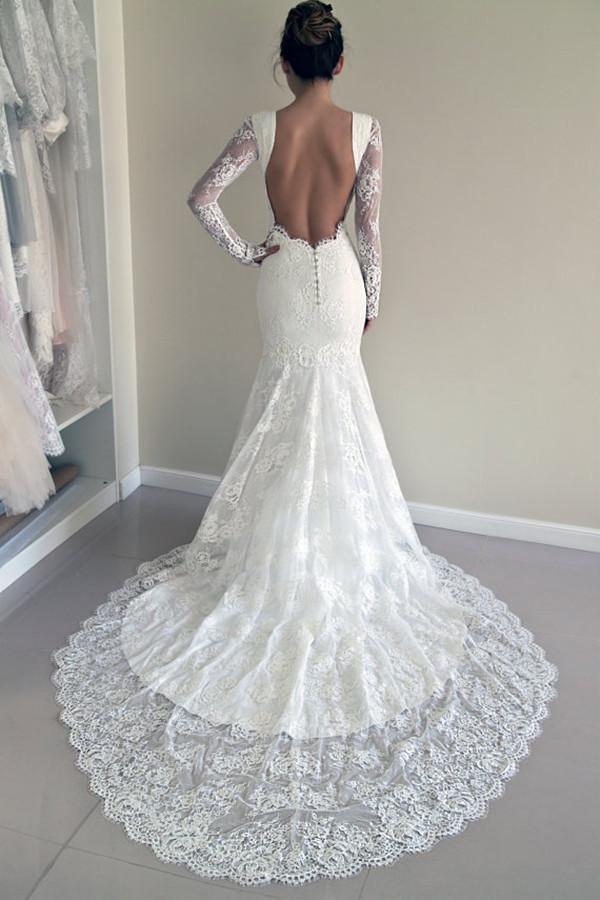 Mermaid Scoop Open Back Long Sleeves Wedding Dress