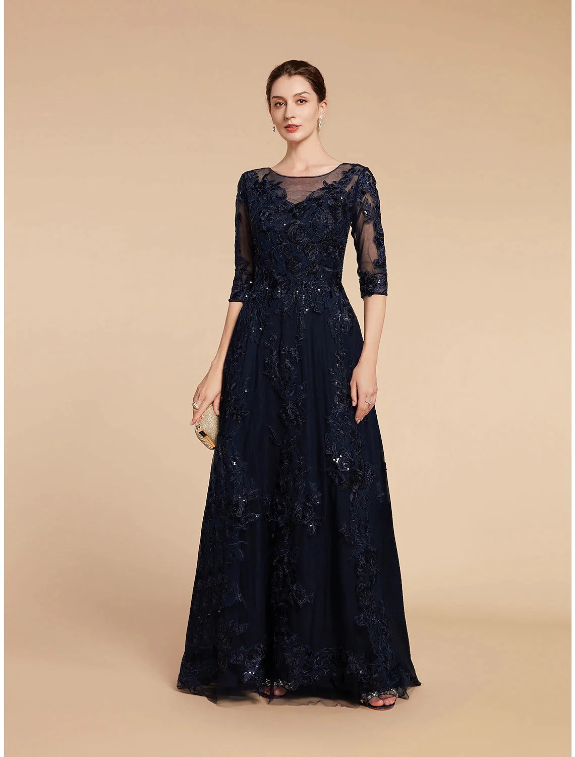 A-Line Mother of the Bride Dress Formal Wedding Guest Elegant Party Scoop Neck Floor Length Chiffon Lace 3/4 Length Sleeve with Sequin Applique