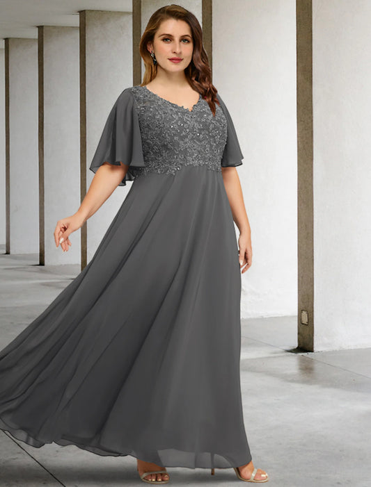 A-Line Plus Size Curve Mother of the Bride Dresses Elegant Dress Formal Floor Length Short Sleeve V Neck Chiffon with Pleats Appliques