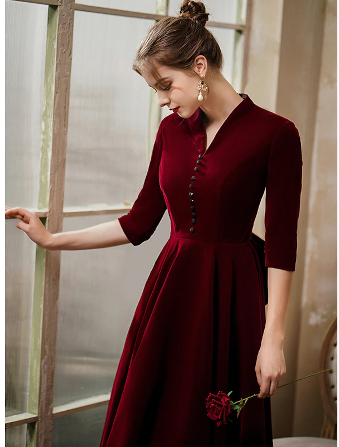 A-Line Minimalist Vintage Party Wear Cocktail Party Dress V Neck Half Sleeve Tea Length Velvet with Sleek