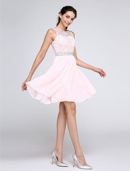 A-Line Special Occasion Dresses Party Dress Homecoming Short / Mini Sleeveless Illusion Neck Chiffon V Back Low Back with Crystals