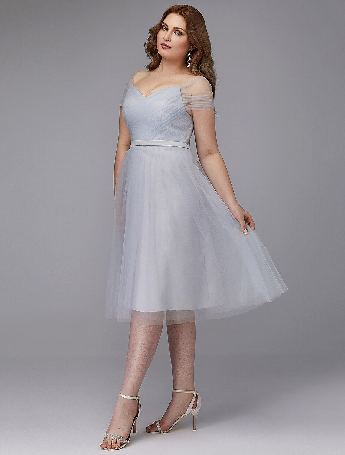 A-Line Elegant Dress Wedding Guest Cocktail Party Tea Length Short Sleeve Off Shoulder Tulle with Sash / Ribbon Criss Cross