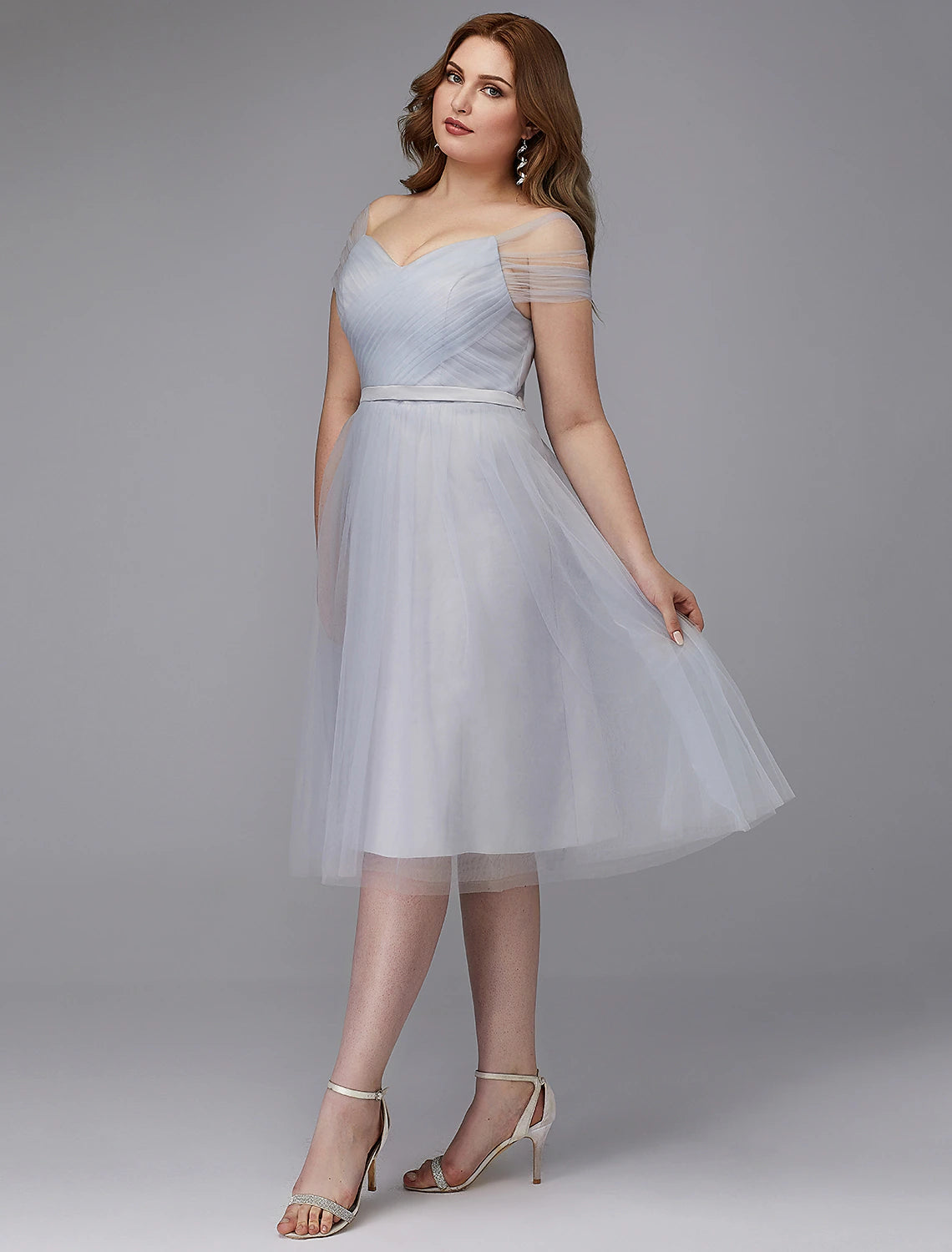 A-Line Elegant Dress Wedding Guest Tea Length Short Sleeve Off Shoulder Tulle with Sash / Ribbon Criss Cross