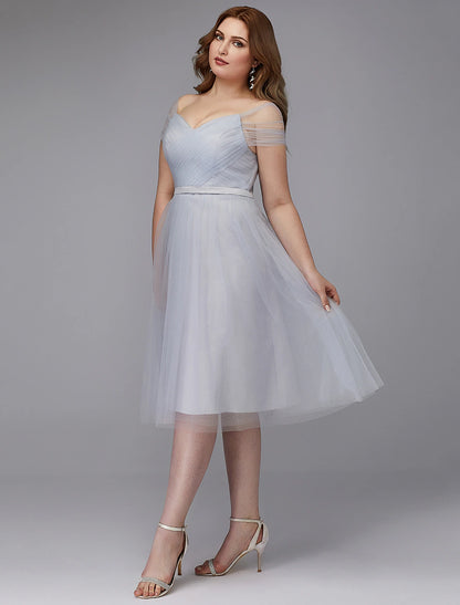 A-Line Elegant Dress Wedding Guest Tea Length Short Sleeve Off Shoulder Tulle with Sash / Ribbon Criss Cross