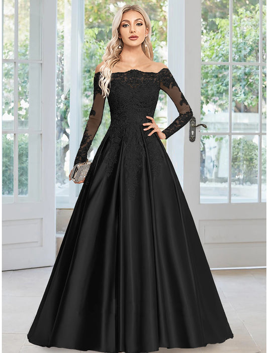 A-Line Evening Gown Floral Dress Formal Court Train Long Sleeve Off Shoulder Satin with Appliques