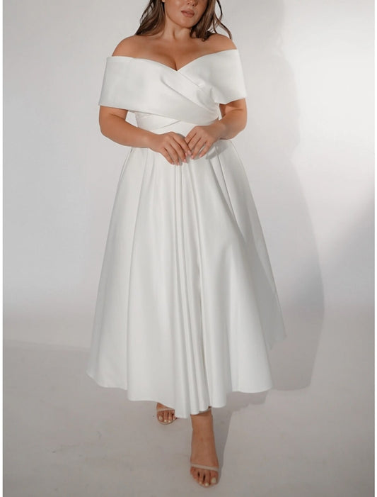 Casual Wedding Dresses A-Line Off Shoulder Short Sleeve Ankle Length Satin Bridal Gowns With Pleats Solid Color