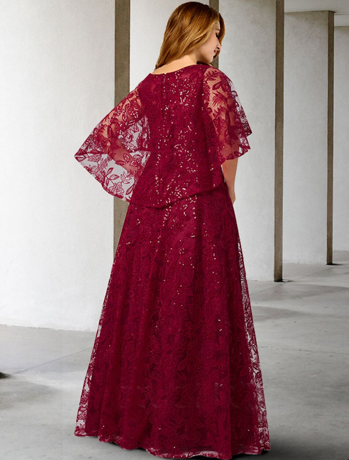 A-Line Mother of the Bride Dress Plus Size Elegant Jewel Neck Floor Length Lace Half Sleeve No with Sequin Appliques