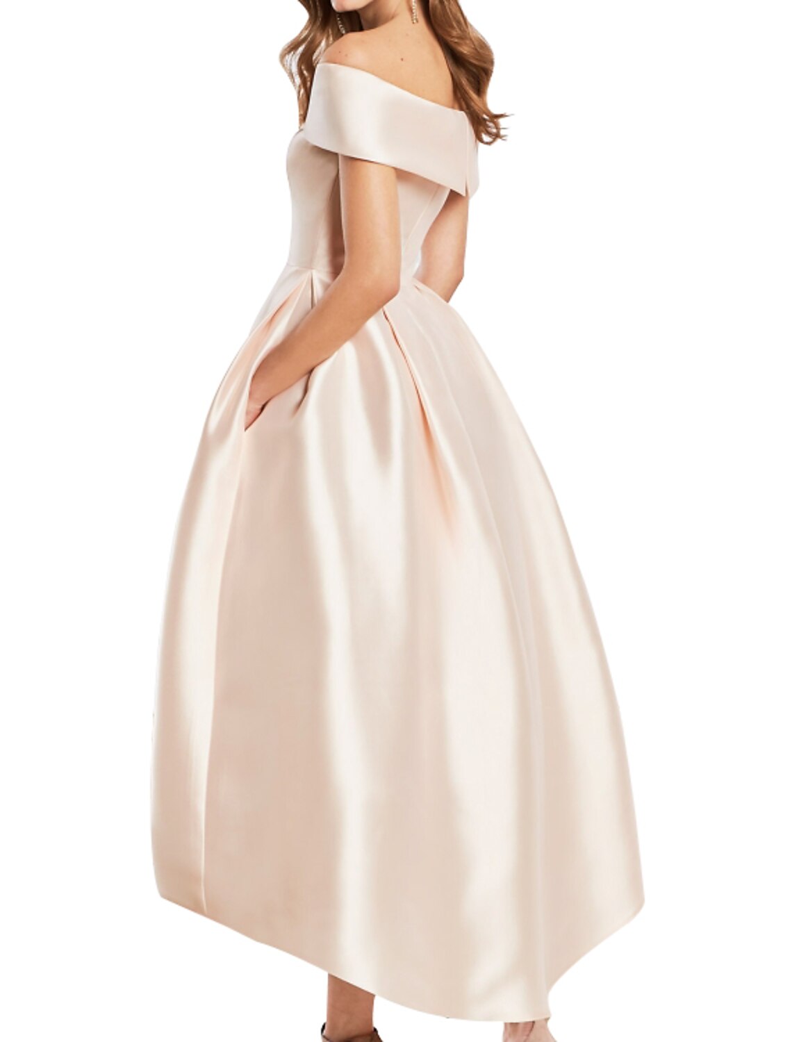 Ball Gown Elegant Vintage Engagement Prom Dress Off Shoulder Short Sleeve Ankle Length Satin with Sleek