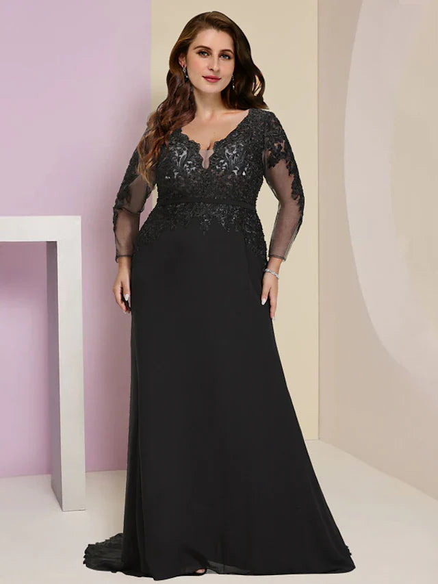 Plus Size Curve Mother of the Bride Dress Wedding Guest Vintage Party V Neck Court Train Chiffon Lace Long Sleeve with Sequin