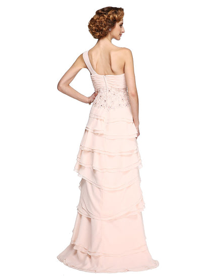 A-Line Mother of the Bride Dress Elegant One Shoulder Floor Length Chiffon Lace Sleeveless No with Pleats Ruched Beading