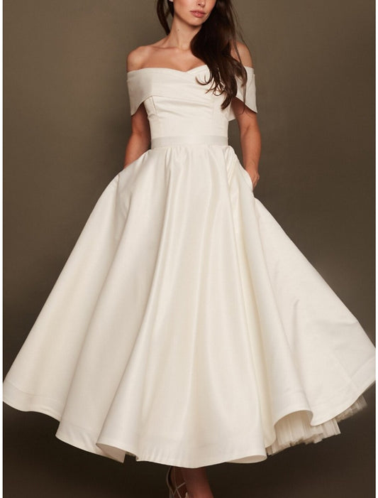 Formal Wedding Dresses A-Line Off Shoulder Short Sleeve Ankle Length Satin Bridal Gowns With Pleats Ruched